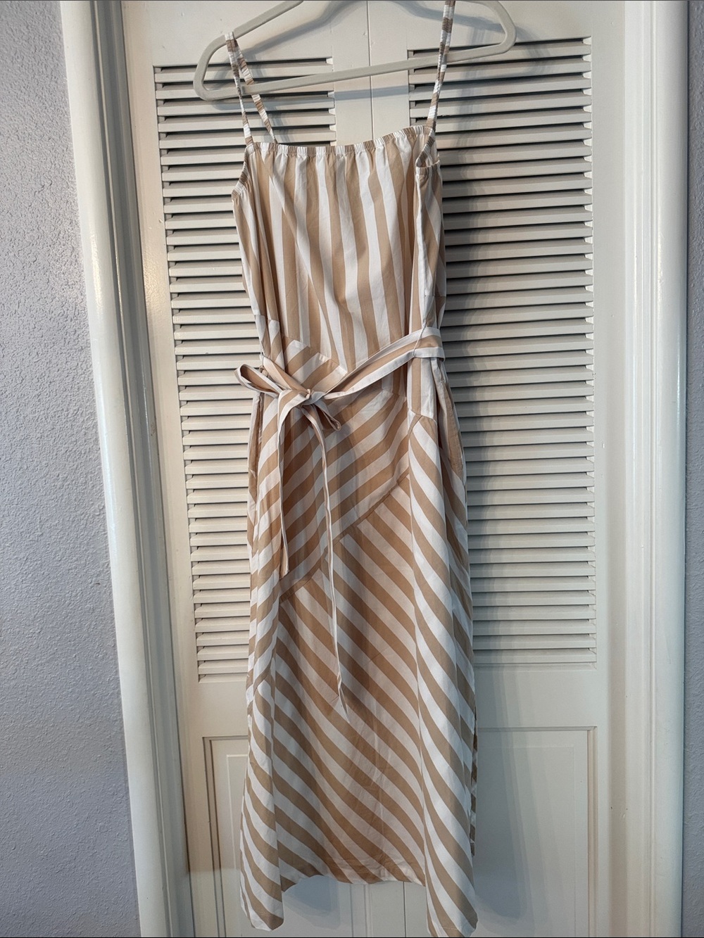 GAP Beige and White Striped Spaghetti Strap Midi Dress with Tie Waist